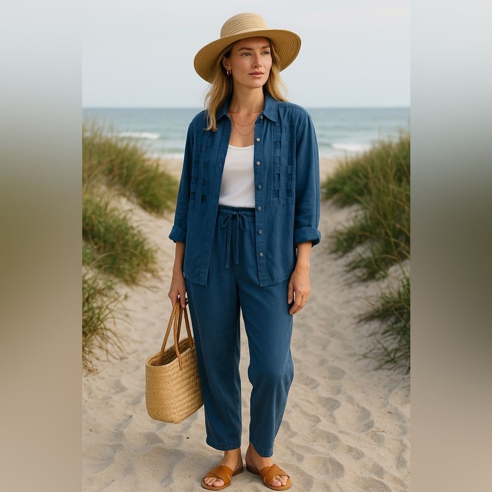 Vintage 90s Fiji Petite Silk Loungewear Set 2-Piece Blue Drawstring Pants S/XS - Picture 8 of 16